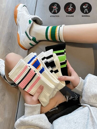 5 Pairs Sports Outdoor Breathable Sports Striped Women's Street Socks Versatile Mid Tube Striped Socks Spliced Sasual Socks