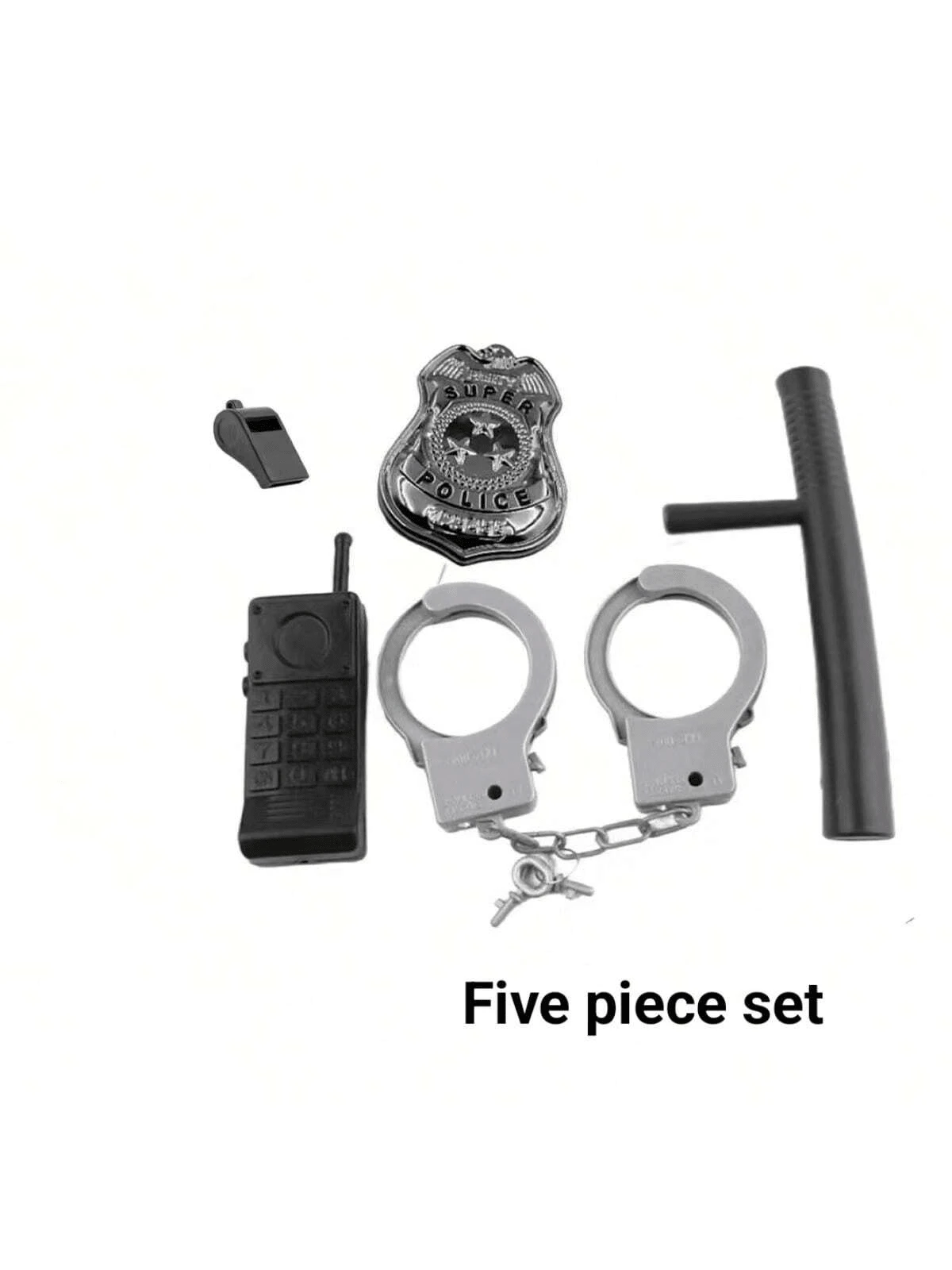 5件套警察服装套装 角色扮演 模拟警察装扮 配手铐、对讲机、徽章、警棍、口哨道具（对讲机型号随机）（手铐 新/旧版随机） - 彩色 - 查看 1
