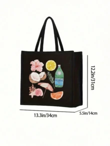 女士时尚旅行沙滩包 - 轻便黑色亚麻手提包和化妆包套装，印有椰子花、酒伞、橙子、葡萄柚等物品，适合海滩 - 黑色 - 查看 10