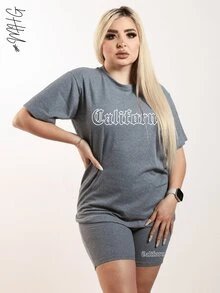 Set dos piezas dama playera manga corta cuello redondo shorts cortos tipo biker cómodos funcionales conjunto dama mujer junior funcional estampado California Hecho México - Gris - Ver 2