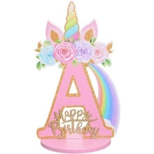 独角兽主题生日数字装饰摆件，适合1~9岁女孩，木质桌面中心装饰品，独角兽主题派对生日周年纪念装饰 - 粉色 - 查看 9