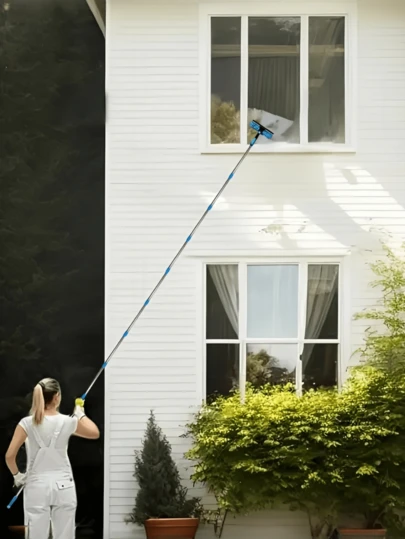 2-i-1 fönsterputssats för höga fönster med 10 förlängningsstavar för glastorkning och skrapa i höga fönster, återanvändbar mikrofiberdyna, ingen strömförsörjning krävs, maskintvättbar, perfekt morsdagspresent