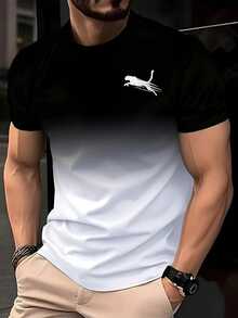 男士休闲几何印花圆领T恤 - 黑白撞色设计，常规版型，易于打理（手洗/干洗），适合休闲穿着，夏季时尚，透气面料，穿着舒适 - 彩色 - 查看 2