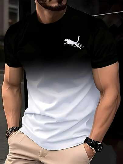 男士休闲几何印花圆领 T 恤 - 黑白撞色设计，常规版型，易于护理（手洗/干洗），适合休闲装，夏季时尚，透气面料，穿着舒适