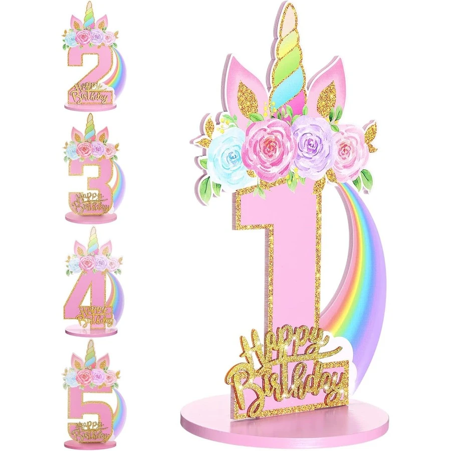 独角兽主题生日数字装饰摆件，适合1~9岁女孩，木质桌面中心装饰品，独角兽主题派对生日周年纪念装饰 - 粉色 - 查看 1