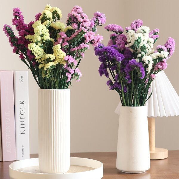 [Exhibición Elegante] Cautivador ramo de flores secas de nomeolvides con tallos - púrpura, rosa y blanco, ideal para decoraciones de boda DIY, decoraciones de fiestas y acentos del hogar, incluye un elegante florero de resina, decoración de fiestas | Ramo Animado | Tallos naturales, Accesorios del ramo