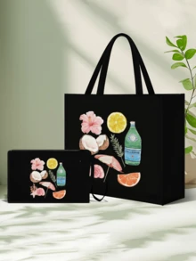 女士时尚旅行沙滩包 - 轻便黑色亚麻手提包和化妆包套装，印有椰子花、酒伞、橙子、葡萄柚等物品，适合海滩 - 黑色 - 查看 13