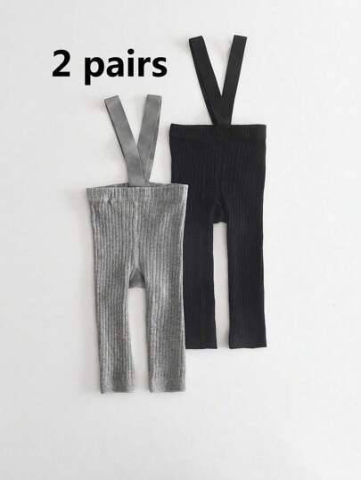 2pcs Solid Color Baby Suspender Breathable Leggings, Suitable For Newborns And Toddlers