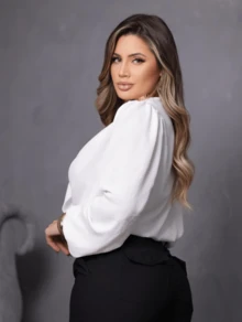 LONG SLEEVE LINEN BLOUSE WITH CHIC V-NECK, ELEGANCE AND SOPHISTICATION FOR STYLISH WOMEN! - 白色 - 查看 2