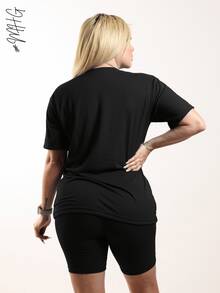 Set dos piezas dama playera manga corta cuello redondo shorts cortos tipo biker cómodos funcionales conjunto dama mujer junior funcional estampado California Hecho México - Negro - Ver 5