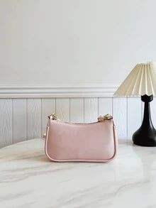 Túi đeo vai dáng baguette thời trang mới, kiểu dáng cổ điển, màu trơn, chất liệu PU chống thấm nước, họa tiết quả dâu tây, dây xích kim loại trang trí, túi xách tay thanh lịch, túi công sở, thích hợp cho du lịch, mua sắm, tiệc tùng, lễ hội. - Hồng - Xem 7