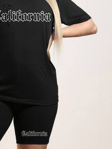 Set dos piezas dama playera manga corta cuello redondo shorts cortos tipo biker cómodos funcionales conjunto dama mujer junior funcional estampado California Hecho México - Negro - Ver 3