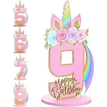 独角兽主题生日数字装饰摆件，适合1~9岁女孩，木质桌面中心装饰品，独角兽主题派对生日周年纪念装饰 - 粉色 - 查看 18