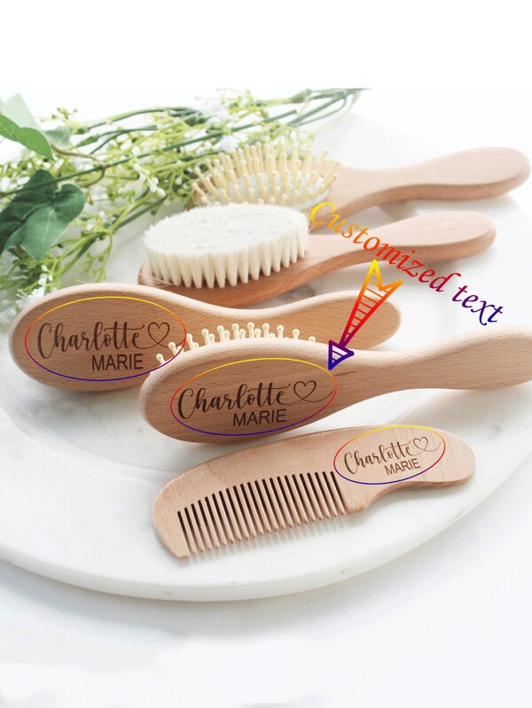 3pcs Custom Text Wood Baby Hair Brush Gift Set, Baby Bath Gifts With Name Customized Baby Brush Comb, Baby Memorial Gifts Back To School