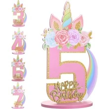 独角兽主题生日数字装饰摆件，适合1~9岁女孩，木质桌面中心装饰品，独角兽主题派对生日周年纪念装饰 - 粉色 - 查看 13