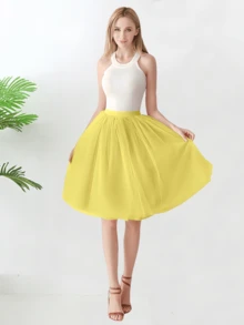 1 chiếc váy xếp ly vải tuyn dài vừa phải cạp cao dành cho nữ, có sẵn màu đen, trắng, đỏ, vàng, xanh nhạt, hồng, xanh ô liu, xanh nước biển, đỏ tía, sâm panh, xám xanh, dài 65cm, vải tuyn 4 lớp + 1 lớp lót, thích hợp cho đám cưới, tiệc tùng, biểu diễn, cosplay, sân khấu, khiêu vũ, trang phục mùa thu dành cho nữ - Nhiều màu - Xem 4