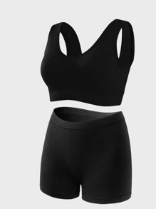 1 Set Plus Size Women Black Comfortable Seamless Wide Band Sports Bra And Soft Elastic Seamless Mid-Waist Sports Shorts, Suitable For Fitness, Running, Yoga