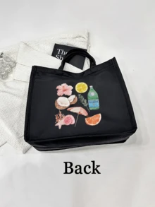 女士时尚旅行沙滩包 - 轻便黑色亚麻手提包和化妆包套装，印有椰子花、酒伞、橙子、葡萄柚等物品，适合海滩 - 黑色 - 查看 8