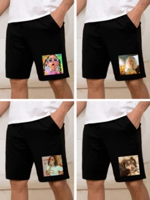 个性化印花男士夏季运动短裤，上传您的照片/图片/徽标/朋友照片，定制男士夏季运动短裤，节日礼物，周年纪念礼物，情人节/生日/派对周年纪念/音乐节定制，送给他的礼物，派对，定制/家庭聚会定制/慈善团队制服定制，夏季男士短裤 - 黑色 - 查看 2
