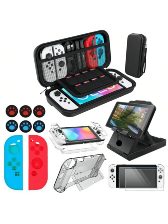 Switch 外壳及配件，20 合 1 Switch 和 OLED 外壳套件，包括屏幕保护膜、游戏支架、控制器外壳、OLED 外壳、用于额外存储或旅行的保护性硬质手提包