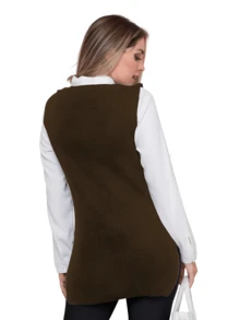Long Knitted Vest Round Neck Casual Formal Autumn Winter - Coffee Brown - View 2