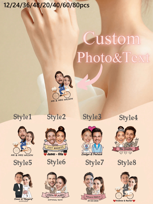 Tatuaje para boda, tatuaje de recuerdo de boda, tatuaje temporal, tatuaje personalizado de pareja, tatuaje personalizado de cara, regalo de boda personalizado, tatuaje de vestido de novia, multifuncional, ornamental, letra, unicolor, exquisito, elegante, vintage, moderno, colorido, ocio, básico, casual, suave, único, personalizado, regalo ideal para ella, novia, él, novio, amigos, pegatinas