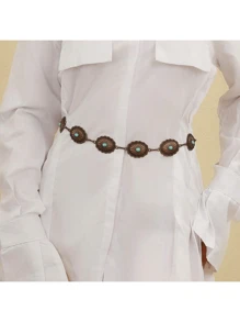 Retro Style Turquoise Inlaid Design Waist Chain For Women, Alloy Letter Decoration Waist Belt Fit For Dress, Beach, Wedding, All Seasons Summer