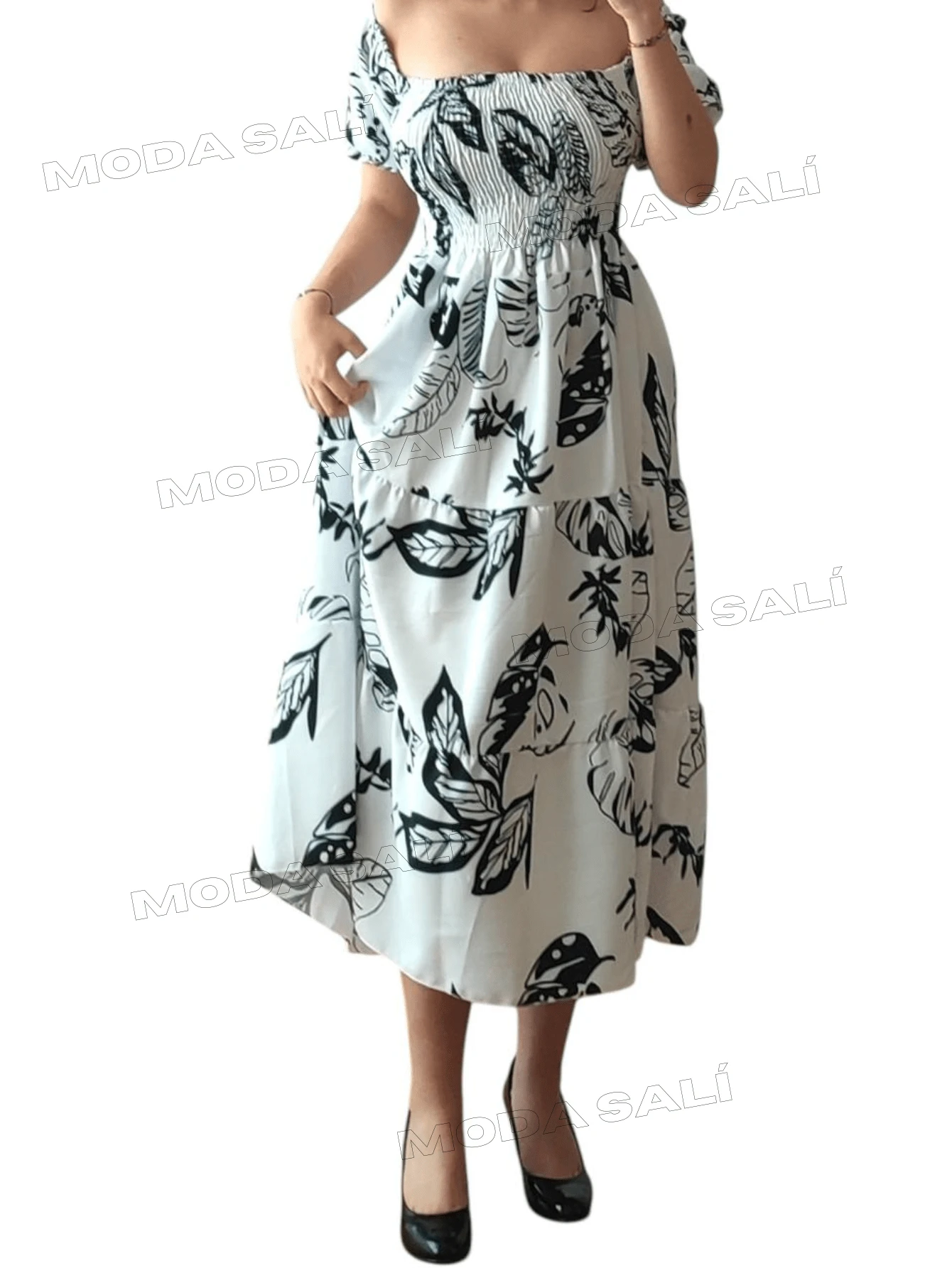 Vestido Campesino Estampado.  Manga Corta. - Blanco y Negro - Ver 1