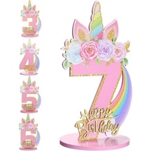 独角兽主题生日数字装饰摆件，适合1~9岁女孩，木质桌面中心装饰品，独角兽主题派对生日周年纪念装饰 - 粉色 - 查看 14
