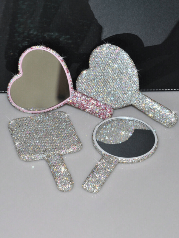 1pc Rhinestone Engraved Handheld Mirror, Water Drop With Rhinestone Decorations And Flashy Rhinestone Glitter On ABS Beauty Handle Mirror, Fashionable Makeup Mirror For Beautifying, Princess Mirror For Touching Up Makeup Home Decor Back To School Room Decor School Supplies