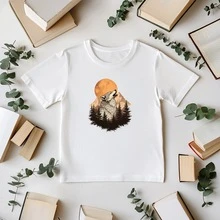 Unisex Cotton Tee Set - Howling Wolf With Mountain - Forest And Full Moon Print, Creating A Mysterious Atmosphere, Ideal For Individuals With Personality, Great For Couples And Families, All - Season Wear - White - View 1