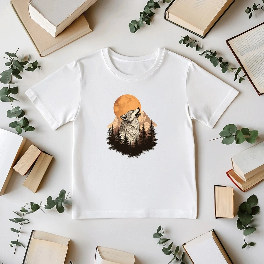 Unisex Cotton Tee Set - Howling Wolf With Mountain - Forest And Full Moon Print, Creating A Mysterious Atmosphere, Ideal For Individuals With Personality, Great For Couples And Families, All - Season Wear - White - View 1