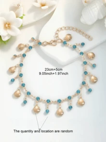 1 件时尚波西米亚海滩度假风格蓝色水钻金属吊坠铜合金链脚链，适合日常、派对和旅行