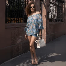 Blusa de cuello notch con estampado integral para vacaciones casual de mujer, Estampado Integral  Floral  Hoja  Casual  Elegante  Bohemio Volante  Volante fruncido - Lavado ligero - Ver 1