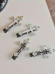 Vintage Punk Cross Hair Clips - Halloween Metal Duckbill Hair Clips, Y2K Style Side And Ombre Accessories, Cool Style, Diablo Style, Lace Cross Hair Clips Gothic Style Punk, Graduation Season Party