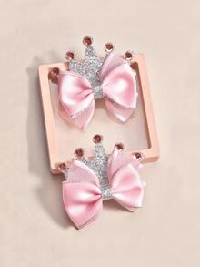 2pcs Pink Polyester Hair Clips With Silver Edges, Crown Shaped With Crystal Rhinestone Inlaid, Ideal Gift, Suitable For Party, Casual, Daily Use, Hair Accessories For Girls - Multicolor - View 3