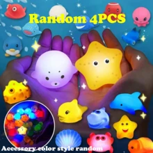 4 件漂浮发光动物沐浴玩具套装、幼儿闪光彩色 LED 美人鱼浴缸玩具、婴儿洗澡时间漂浮橡胶淋浴礼物、带孔夜光海洋动物沐浴感官玩具、鲸鱼漂浮玩具适合婴儿、幼儿和 1-3 岁儿童浴缸玩具（颜色和款式随机）