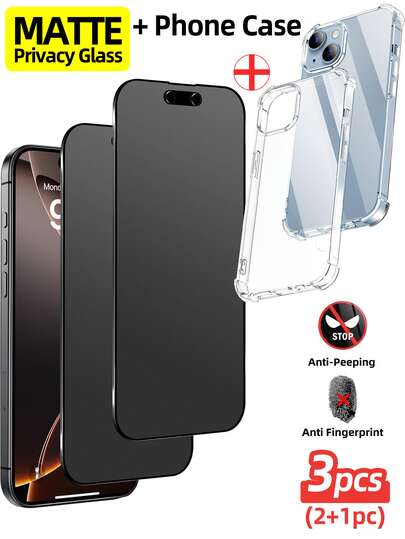 Yezodawee 2片磨砂钢化玻璃屏幕保护膜 + 1个手机壳，防窥视，隐私保护，全覆盖，防指纹，防摔，防刮花，触感顺滑，兼容 17 Pro Max/17 Pro/17 Air/17/16 Pro Max/16 Pro/16 Plus/16/15 Pro Max/14 Pro Max/13 Mini/12/11/XS Max/XR/8+/7 Plus系列