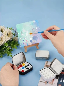 1 Stück 3-farbige leere Aquarellpalette, Mini Blechbox Malpalette mit 12 Plastikfächern, geeignet für DIY Reise-Aquarellpalette, Acryl- und Ölmalerei, Rückkehr zur Schule, Schulmaterial