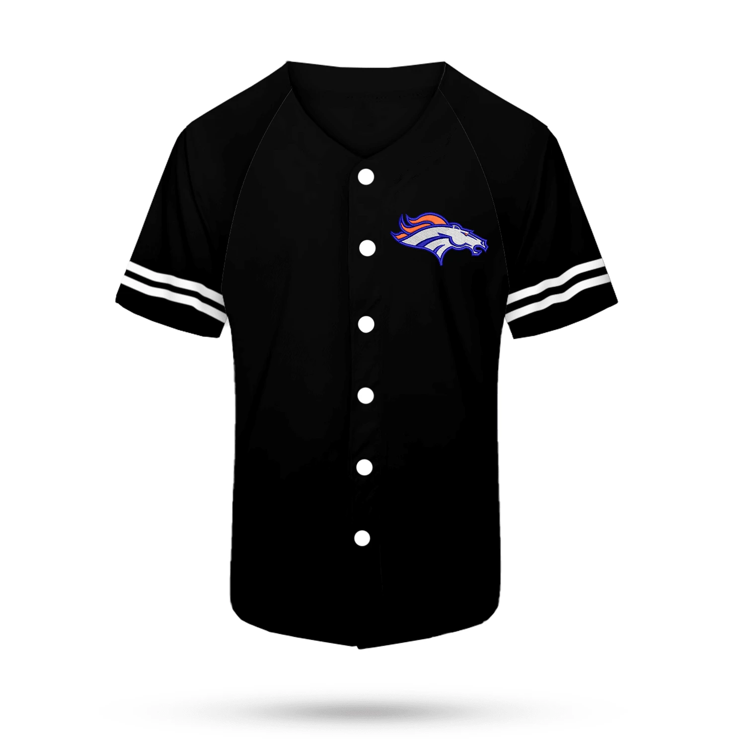 Jersey Casaca Beisbol Deporte Bordada Baseball unisex hombre tela ligera fresca bordado calidad con botones costura resistente equipos lineas BRONCOS DENVER LOGO CABALLO FUTBOL AMERICANO - Negro - Ver 1