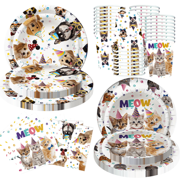 Conjunto de louças descartáveis para festa de aniversário de cães e gatos, com 10/20 peças, tema animal, inclui pratos, guardanapos e garfos, adequado para festas de aniversário, piqueniques ao ar livre e reuniões familiares.