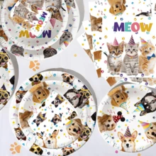 Conjunto de vajilla desechable para fiesta de cumpleaños de perro y gato de 10 piezas/20 piezas, juego de vajilla desechable con temática animal que incluye platos, servilletas, tenedores, apto para fiestas de cumpleaños, picnics al aire libre, reuniones familiares - Multicolor - Ver 5
