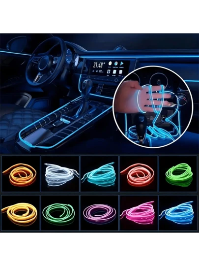 1pc 196.85 Inch Atmosphere Light Cold Light Strip USB Decorative Dashboard Console Car LED Atmosphere Light Car Interior Accessories