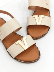 Revreal Summer Bohemian Vintage Slingback Flats – Sandales chics à détails métalliques avec lettres Bohème Élégant Resort Plage Mode Décontracté Loisirs Festival Plein air Été - Beige - Voir 3