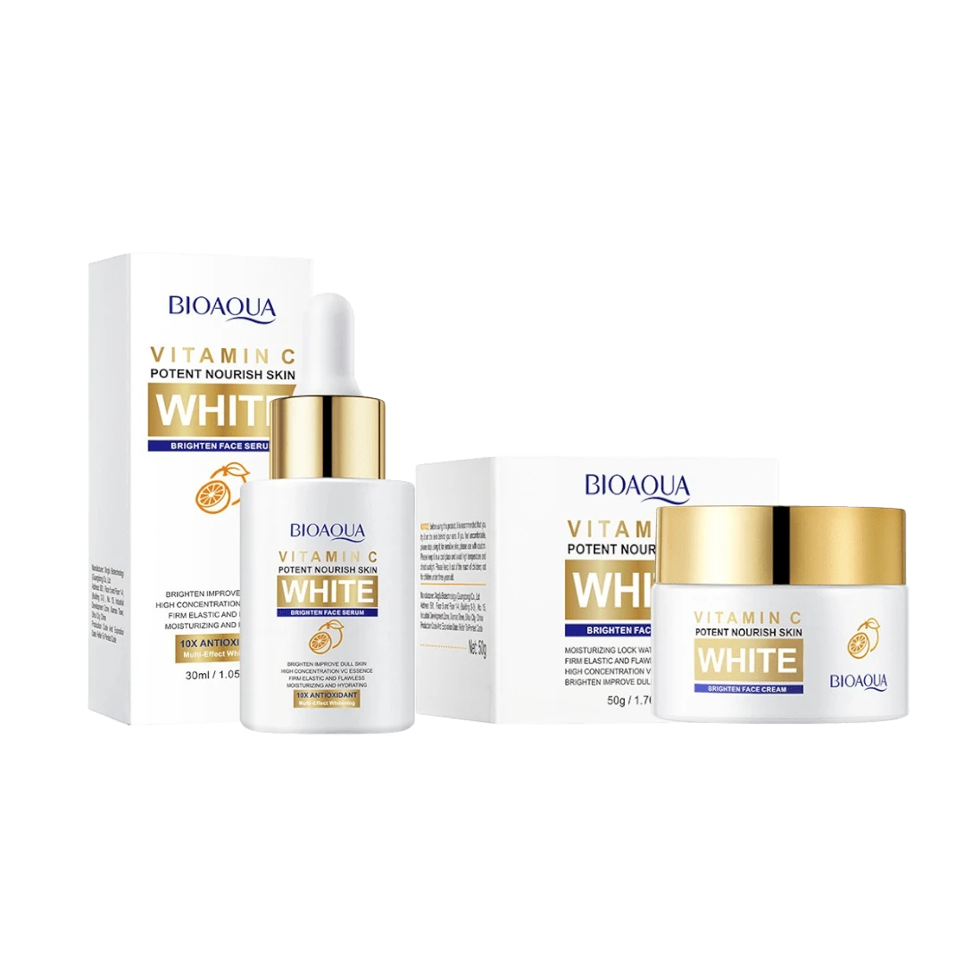 Kit Bioaqua Vitamina C Suero Crema Facial Hidratante Aclarante Antioxidante Tratamiento Completo Rutina Skincare Belleza Nutrición Reafirmante Ilumina Protege Piel - Blanco - Ver 1
