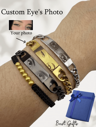 1 pezzo Braccialetto personalizzato con foto dell'occhio, catena in acciaio inossidabile placcata oro 18K con pendente inciso con immagine personalizzata, regalo della Festa del Papà o della Festa della Mamma
