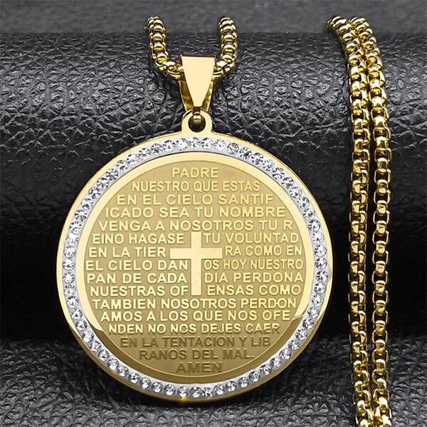 The Lord's Prayer God Cross Bible Spainsh Verse Ncklace For Women Men Stainless Steel Jesus Chain