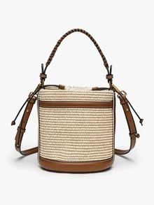 新款经典百搭纯色PU防水女士手提包，抽绳封口设计，撞色水桶包/斜挎包。女士钱包，适合购物、通勤、旅行。 - 彩色 - 查看 1