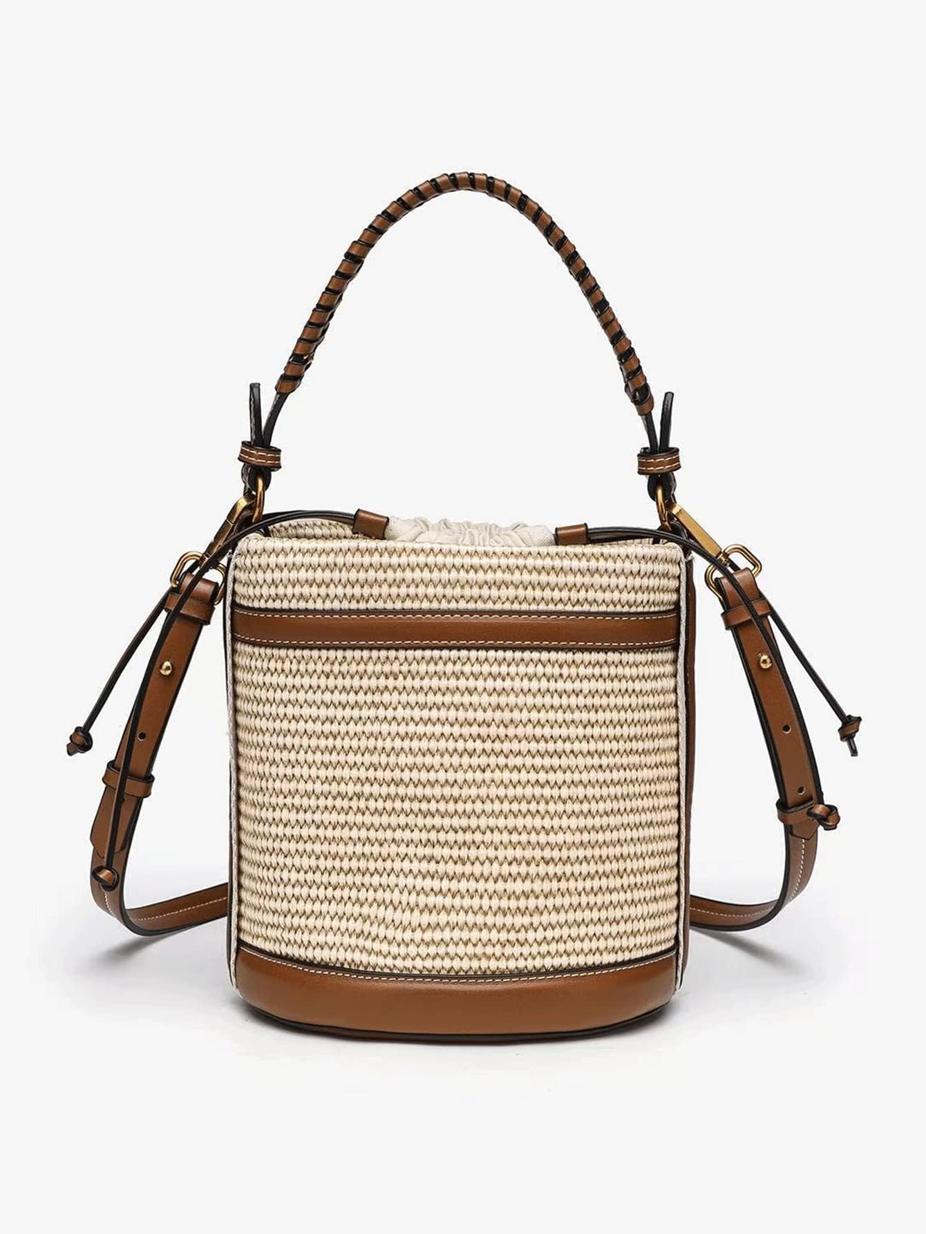 新款经典百搭纯色PU防水女士手提包，抽绳封口设计，撞色水桶包/斜挎包。女士钱包，适合购物、通勤、旅行。 - 彩色 - 查看 1