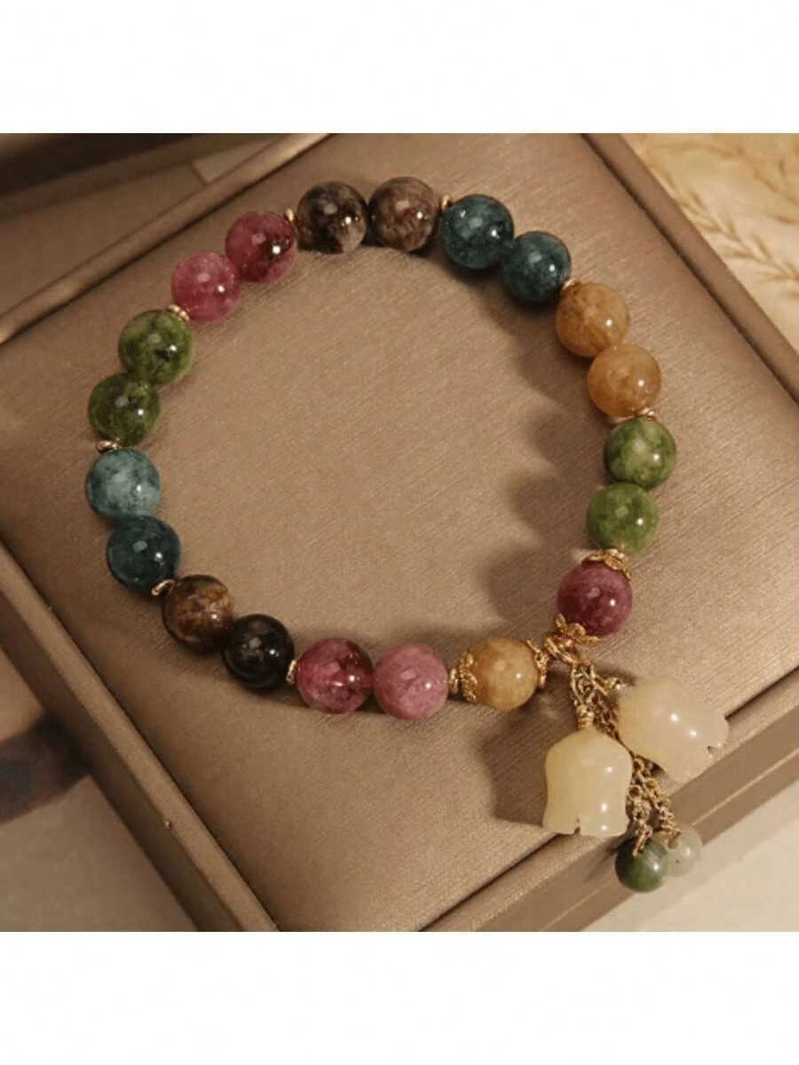 1 件全新串珠彩色海蓝宝石手链，百合花吊坠手链，送给女朋友、最好的朋友的礼物 - 彩色 - 查看 1